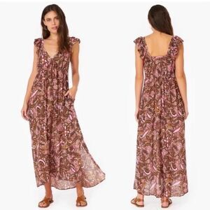 XIRENA 100% Cotton Brown Leyla Flutter Sleeve Empire Boho Paisley Dress Size M